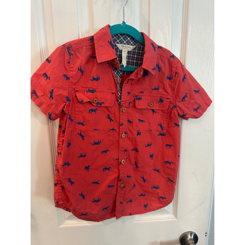 Matilda Jane Button Down Red Blue Horse Print Short Sleeve Shirt Joanna Gaines 6
